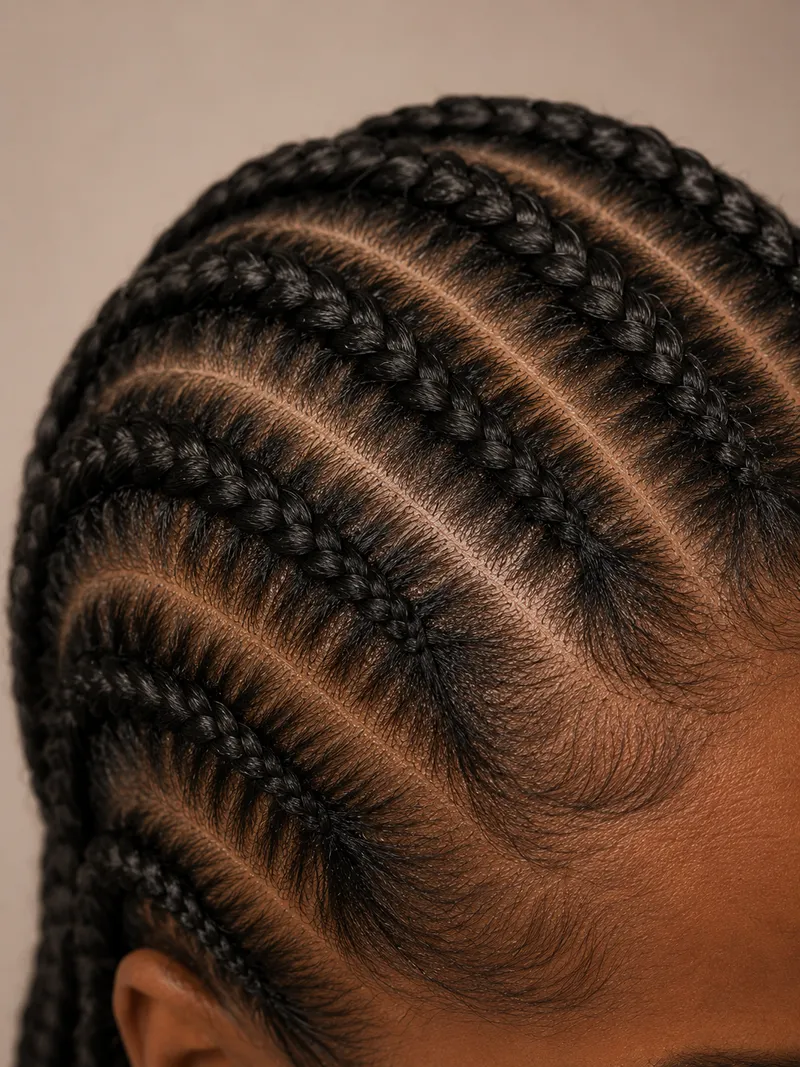 Close-up of braids with clean, perfectly straight parts after using PERFECT PART