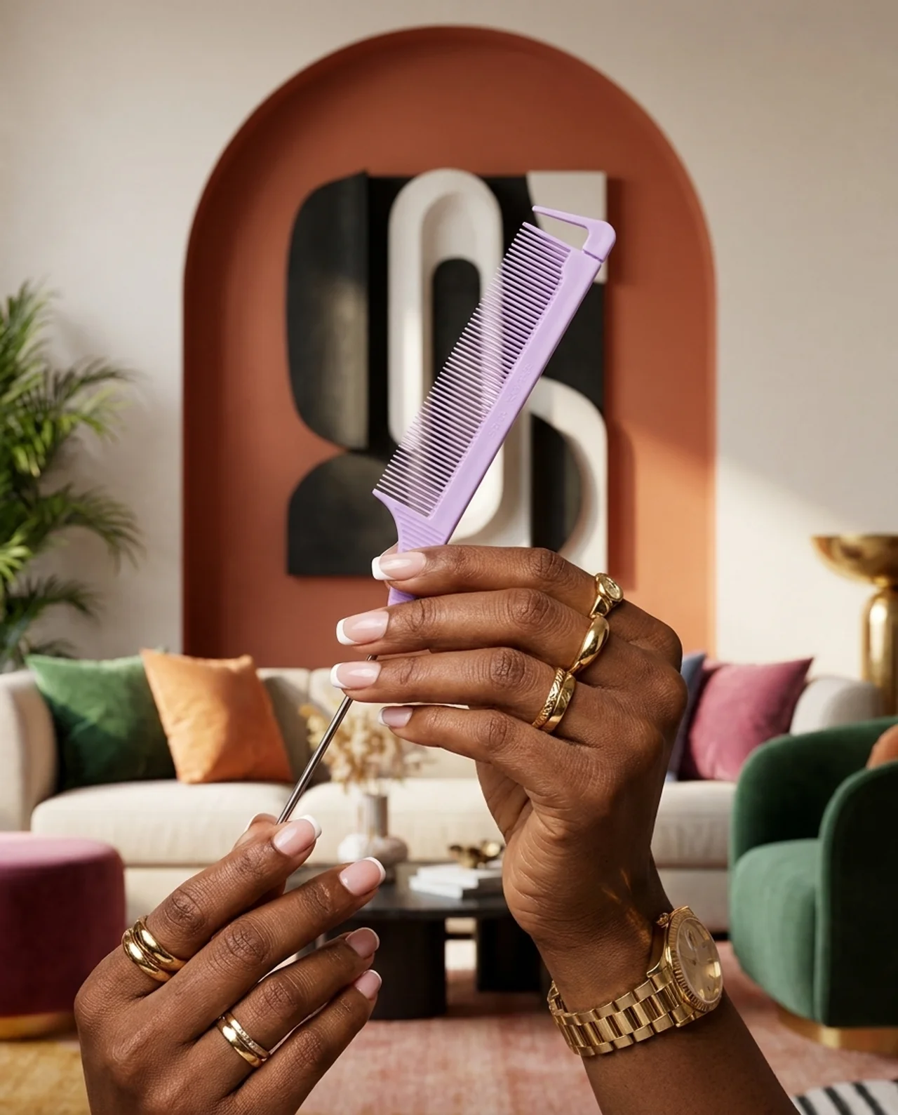 Hands adorned with gold rings holding the PERFECT PART comb in a warm, art-filled interior